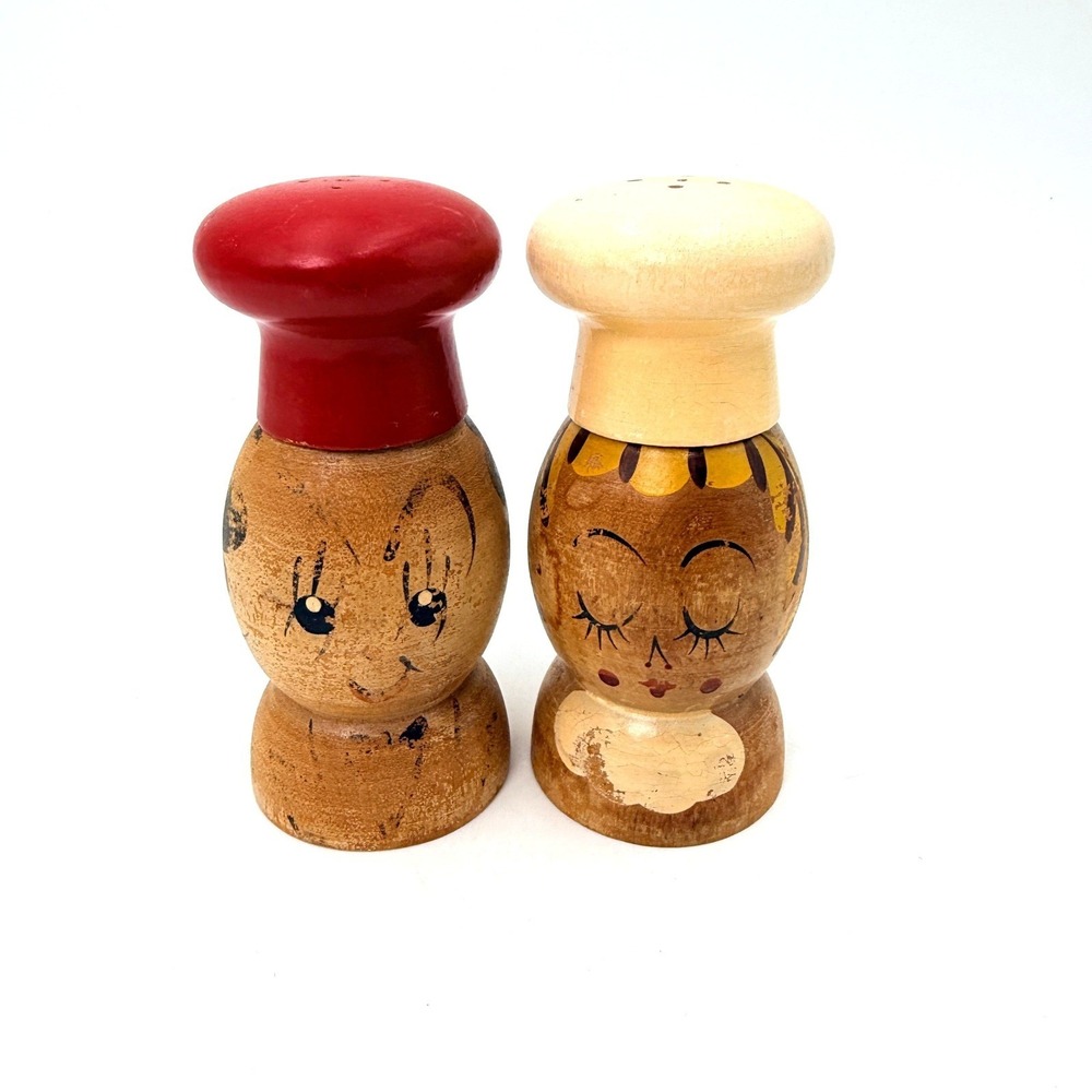 Vintage Woodpecker Woodware Peppy Salty Chef Wood Salt‎ Pepper Shakers Japan MCM